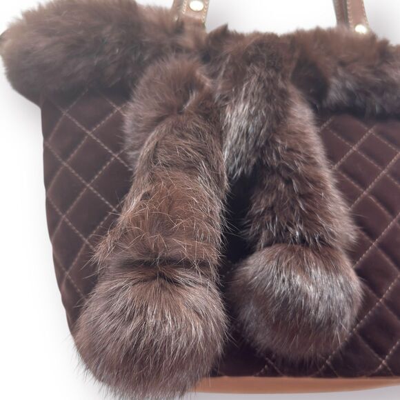 Y2k Fur Trim Quilted Brown Bag Purse Custom Cozy Chic Old Money Elegant Winter - Picture 2 of 12